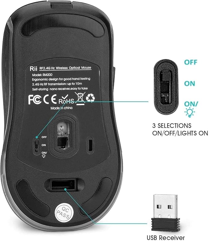 Rii LED Wireless Mouse,2.4G Ergonomic Optical Mouse with USB Receiver,Rechargeable Portable Computer Mice for PC,Mac,Tablet,Chromebook,Notebook,Laptop-Black (New)