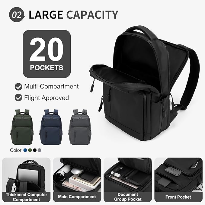 Waterproof Laptop Backpack for Men & Women, Flight Approved Anti-Theft Daypack with 15.6-inch Laptop Sleeve (Black)