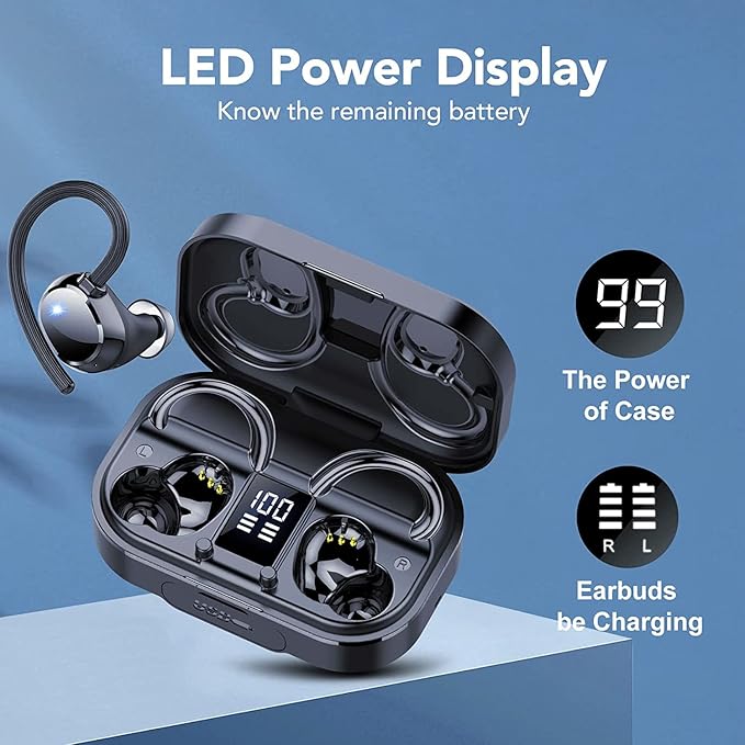 KT1 Bluetooth Headphones Wireless Earbuds 120hrs Playtime Wireless Charging Case Digital Display, Ear Buds with Earhook,IPX7 Waterproof, Deep Bass 2.0,Over-Ear Earphones for Sport Running