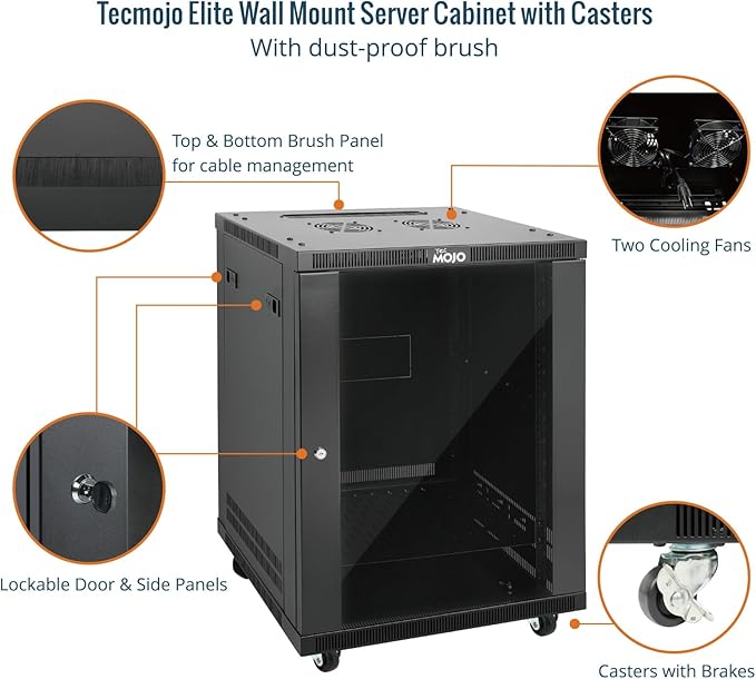 Tecmojo 15U Wall Mount Rack,15U Rack 17.7 Inch Depth,Hold Up to 176 Lbs,Enclosed Wall Mount Rack Kit for 19 Inch Network,Server and AV Gear,Glass Door(Elite Collection)