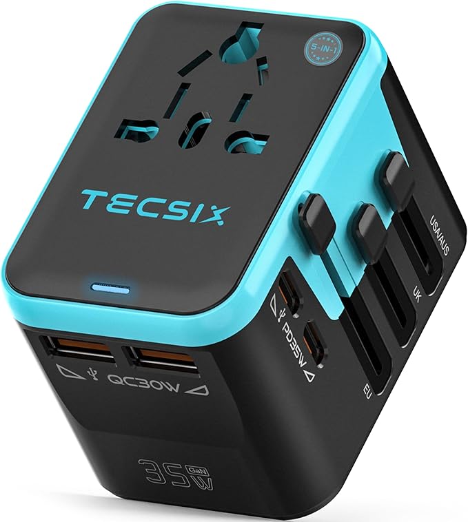 Universal Travel Adapter Worldwide PD 35W, TECSIX International Power Adapter Fast Charging with 2 USB C, 2 USB A Multi Outlets, Gan Travel Plug Adaptor for EU US UK AUS 200+ Countries