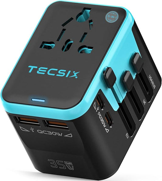 Universal Travel Adapter Worldwide PD 35W, TECSIX International Power Adapter Fast Charging with 2 USB C, 2 USB A Multi Outlets, Gan Travel Plug Adaptor for EU US UK AUS 200+ Countries