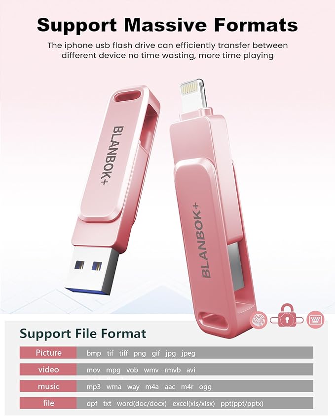MFi Certified 512GB Flash Drive for iPhone Photo Stick, USB Memory Stick iPhone Flash Drive for Photos Videos, High Speed External Storage USB Stick Thumb Drive for iPhone/iPad/Android/PC(Rose Pink)