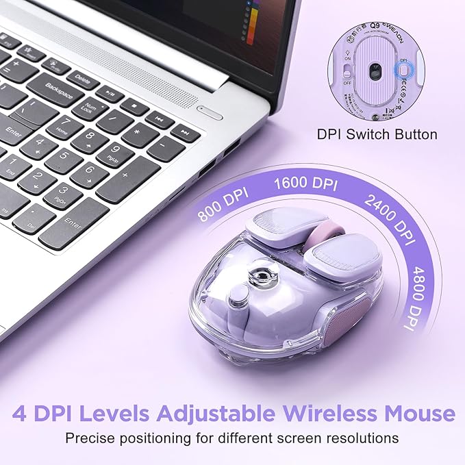Q9 Chargeable Portable Silent 2.4GHz/Bluetooth Dual Mode Wireless Mouse, 4 Adjustable DPI,4800 DPI Optical Tracking Mouse with RGB Lighting, Compatible Win/Mac/Android/iOS(Purple)