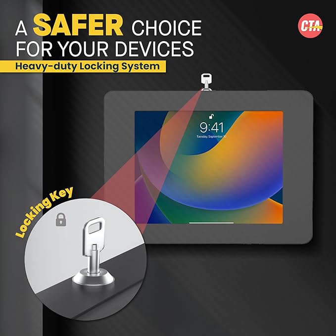Locking iPad Wall Mount - CTA Anti-Theft Small Locking Tablet Enclosure w/ Key Lock & Interior Cable Routing for iPad Mini 1, 2, 3, 4, 5, 6, Samsung Tab A 8″, Lenovo Tab E8 - Black - (PAD-PSWB)