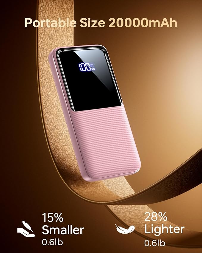 Portable Charger Power Bank - 20000mAh Fast Charging Portable Battery Pack with Built in USB-C(22.5W) and iOS(20W) Output Cables (1 Pack, Pink)