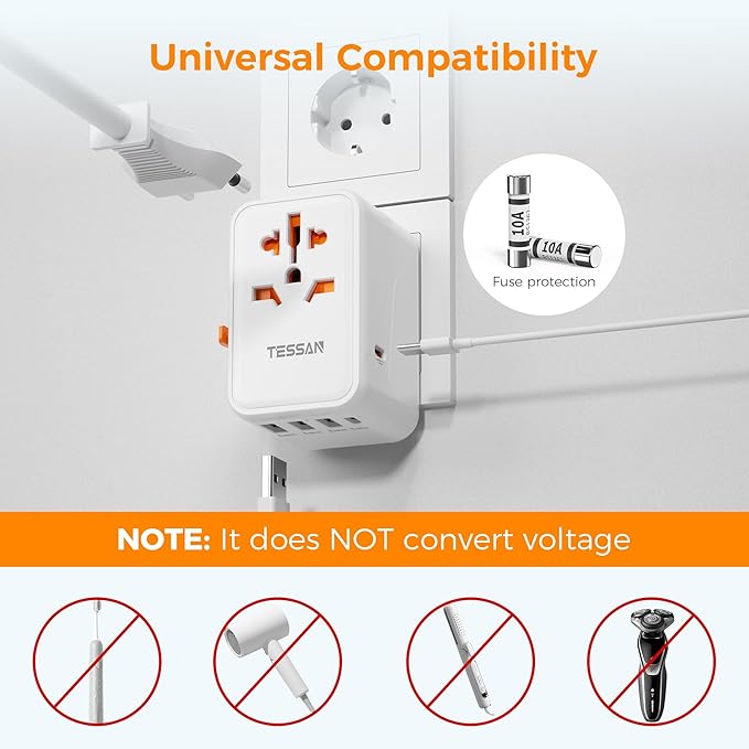 TESSAN Universal Travel Adapter, 45W International Plug Adaptor with 2 USB C 3 USB A Ports, Travel Worldwide Power Outlet for US to European EU UK AUS Ireland(Type C/G/A/I)