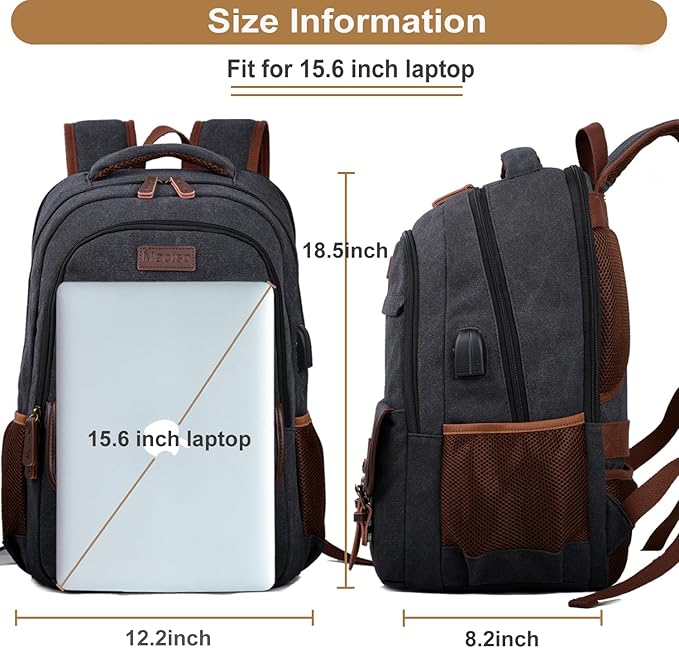 Mactso Canvas Travel Laptop Backpack for Men Women, Business Work Rucksack College School Computer Bag Fits 15.6 Inch Notebook,Bookbag with USB Charging Port (Black, 15.6 Inch)