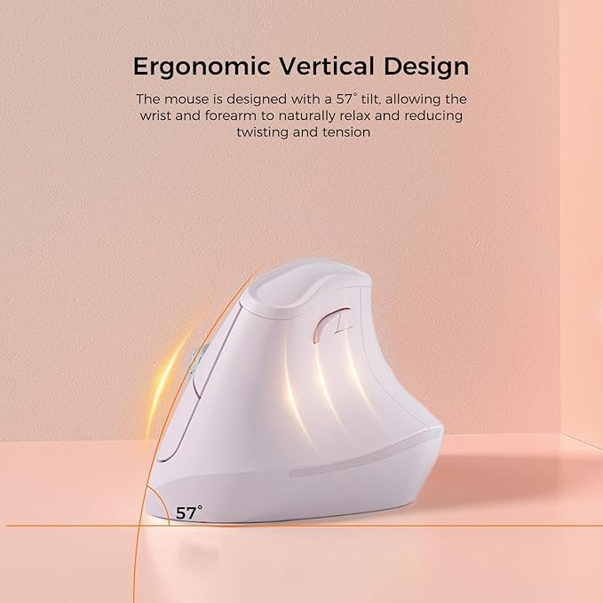 57° Ergonomic Wireless Mouse, Vertical Quiet Ergo Mouse, Bluetooth(BT5.0,BT3.0)&2.4G, (800/1200/2400/2400/4000), 7 Buttons for Windows, macOS, iPadOS, Laptop, PC (Pink)