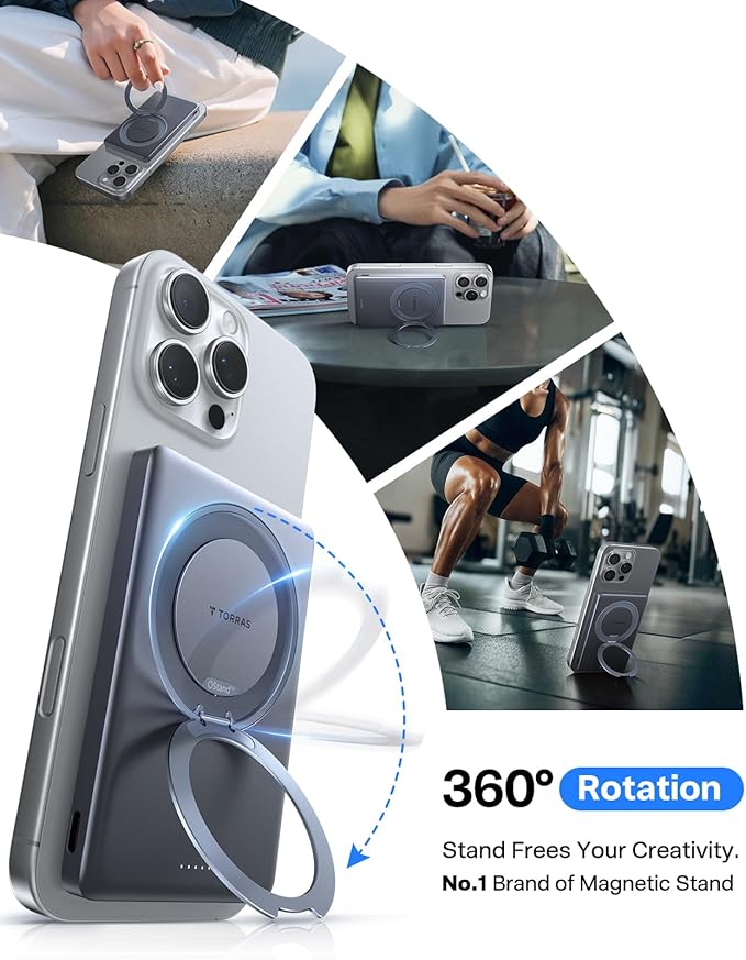 TORRAS Ostand MiniMag Power Bank, 5,000mAh Ultra Slim Magnetic Portable Charger with Stand, Fast Charging for iPhone Air Wireless Mag-Safe Battery Pack for iPhone 17/17 Pro/17 Pro Max/16/15/14, Gray