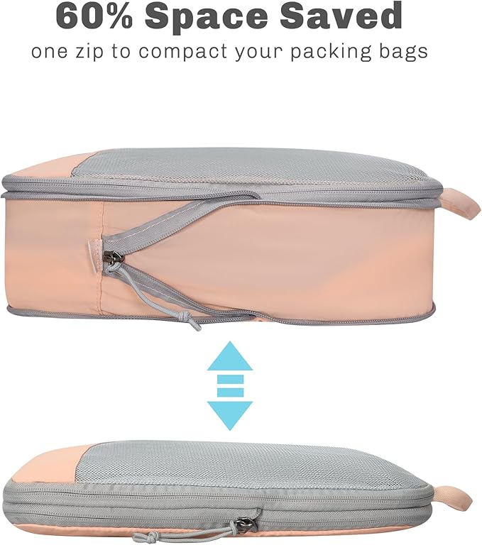 Hynes Eagle 6 Set/ 4 Set/ 2 Set Compression Packing Cubes Travel Essentials Lightweight Nylon Luggage Suitcase Organizer Bag Light Pink 4PCS
