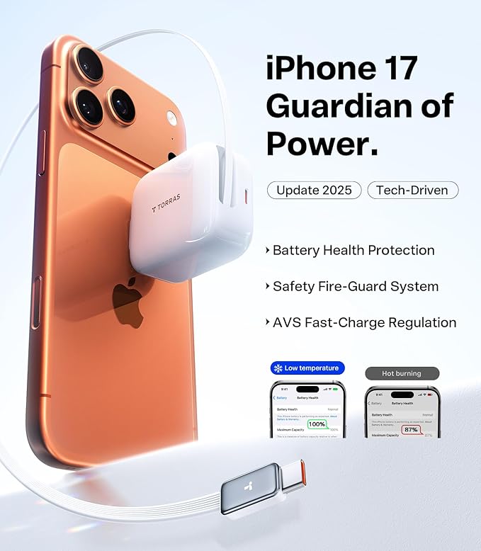TORRAS FlexLine 67W Retractable USB C Charger Block,for iPhone 17 Charger Fast Charging, GaN Ⅲ USB C Cable with Dual-Port for MacBook Pro/Air,iPad, Samsung Galaxy S25 Ultra/iPhone 17 Pro Max, 39.37in