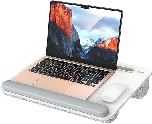 Besign LT08 Laptop Stand, Portable Lap Desk with Pillow Cushion, Fits up to 14 inch Laptop, with Anti-Slip Strip for Desk, Sofa & Bed, White and Gray