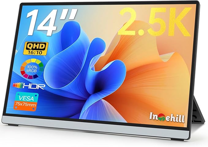 Intehill 14" Portable Monitor 2.5K, 2560x1600 Portable Screen for Laptop, 16:10 Travel Monitor with Tempered Glass, 100% sRGB HDMI Portable Display, Mobile External Display with Stand & Speaker, Q14ZA