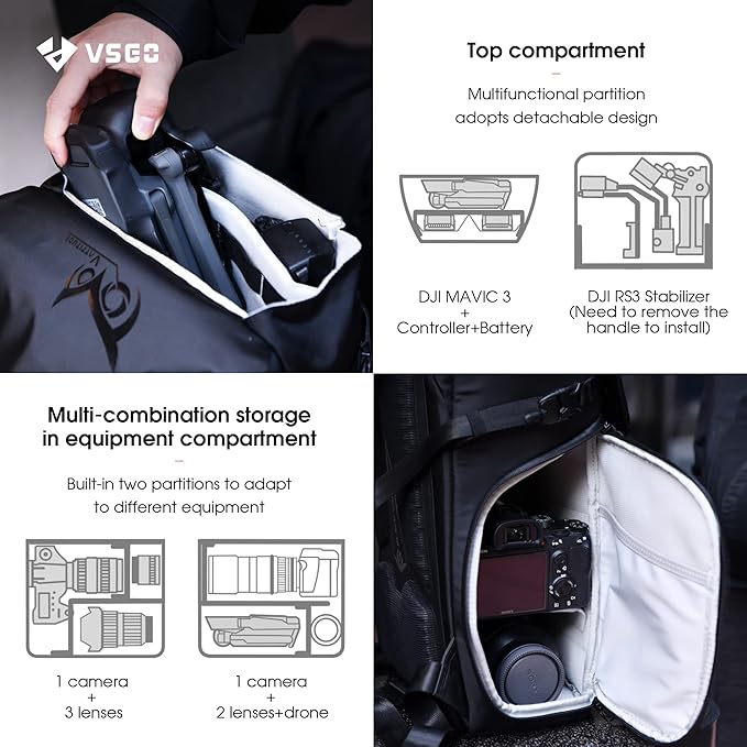 VSGO Black Snipe Camera Backpack 16L – Lightweight 1.1kg Professional DSLR/SLR Photography Bag for Sony, Canon, Nikon Cameras, DJI Stabilizers, Travel & Outdoor Use