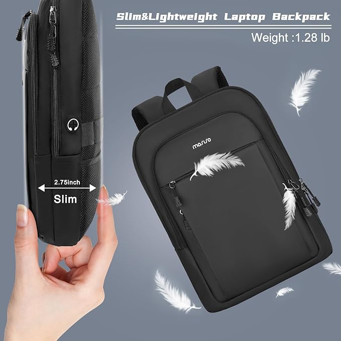 MOSISO Laptop Backpack for Men, Slim Lightweight Compact Computer Backpack for College Work Business Office Travel, 15.6 inch Waterproof Commute Laptop Bag Casual Daypack with Luggage Strap, Black