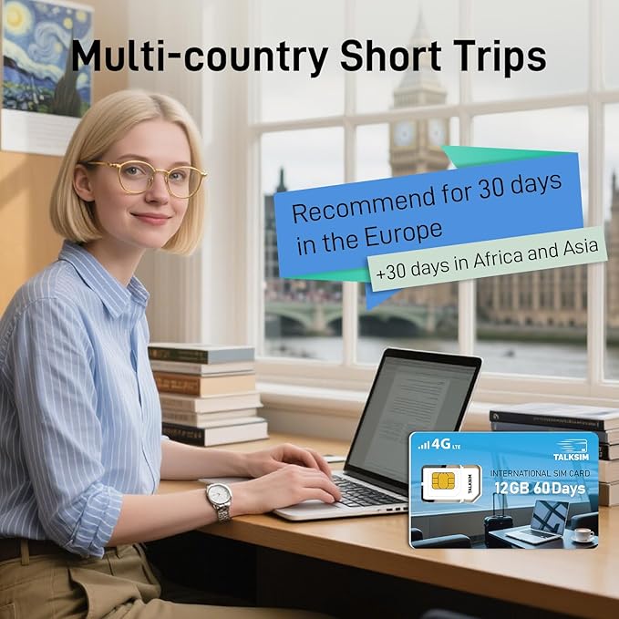 International Data Only SIM Card 12GB 60 Days, 4G LTE Travel SIM Card Supported 45 Countries USA, UK, Europe, Asia. Africa, Ideal for Business Trip and Europe Travel, No Contract