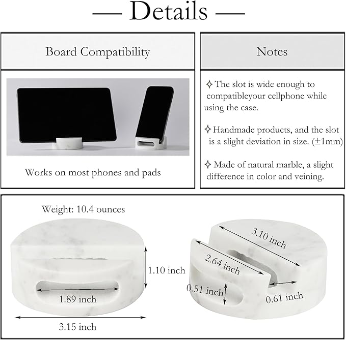 Luxury Marble Cell Marble Phone Stand with Sound, Phone Holder for Cellphone Tablet On Office Desk,Kitchen,Countertop, Nightstand,Round, Carrara White