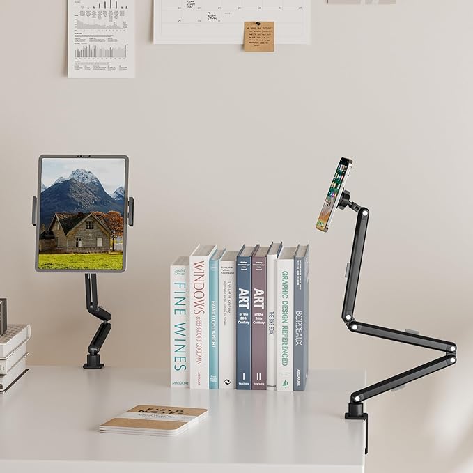 Tablet Stand Holder, Foldable iPad Holder Arm with 360°Rotate Base, Tablet Desk Mount with Magnetic and Clamp, iPad Stand for Desk, Compatible with Tablets, Phones or Other 4.7-15.6" Devices