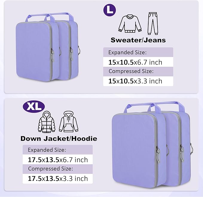 Extra Large Compression Packing Cubes for Travel Essentials, 2 Set Expandable Travel Cubes for Packing Compression Bags Luggage Suitcase Organizer, Purple