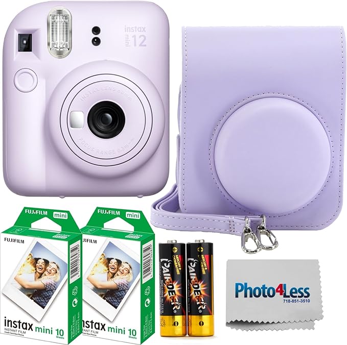 Fujifilm Instax Mini 12 Instant Film Camera Lilac Purple, Fujifilm Instax Mini Twin Pack Instant Film 20 Sheets, Case, Accessory Bundle