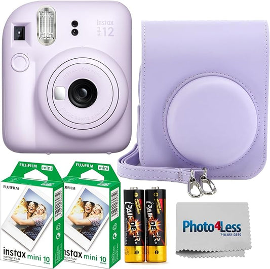 Fujifilm Instax Mini 12 Instant Film Camera Lilac Purple, Fujifilm Instax Mini Twin Pack Instant Film 20 Sheets, Case, Accessory Bundle