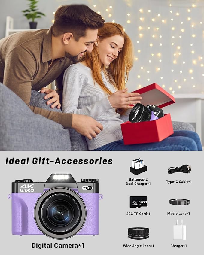 2024 Upgrade VJIANGER Digital Camera for Photography Vlogging Camera for YouTube with WiFi, 180° Flip Screen, 16X Digital Zoom, 52mm Lens, 2 Batteries, 32GB Micro SD Card(Purple)