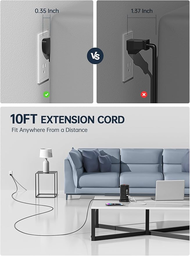Surge Protector Power Strip with 5 USB Ports,16 AC Outlets 13A 10FT Extension Cord with Multiple Outlets, Fararaka Power Strip Tower with Surge Protection for Office Dorm Room (10FT+16AC2A2C)