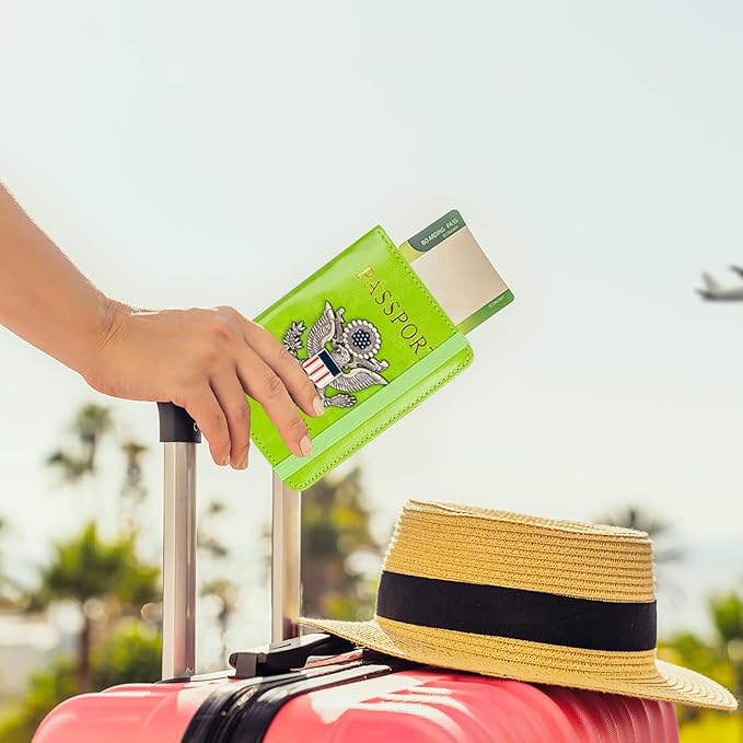 TOURSUIT RFID Blocking Passport Holder for Women Men, Leather Passport Travel Wallet with Metal 3D Metal Badge, Travel Document Holder Cover Accessories (Green)