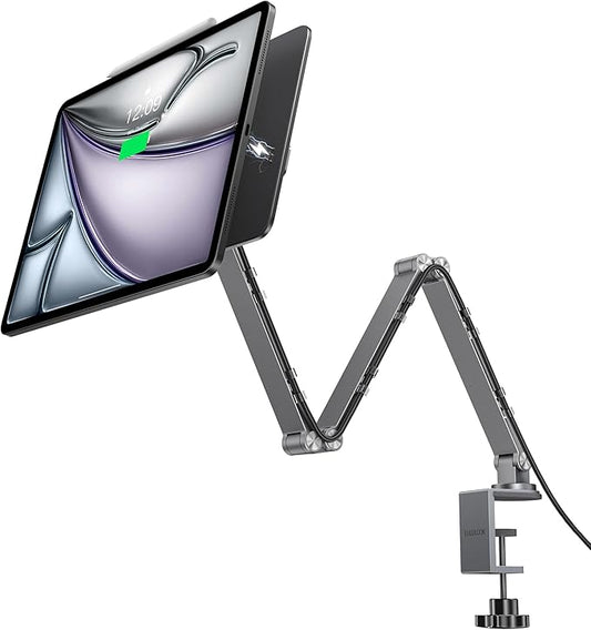 [Upgrade] Magnetic Wireless Charging Stand for iPad Pro 12.9" Gen3-6 / Air 13" M3/M2, Rock Steady iPad Stand for Desk with Foldable Aluminum Alloy Arm, Adjustable Tablet Mount with 2M Braided Cable