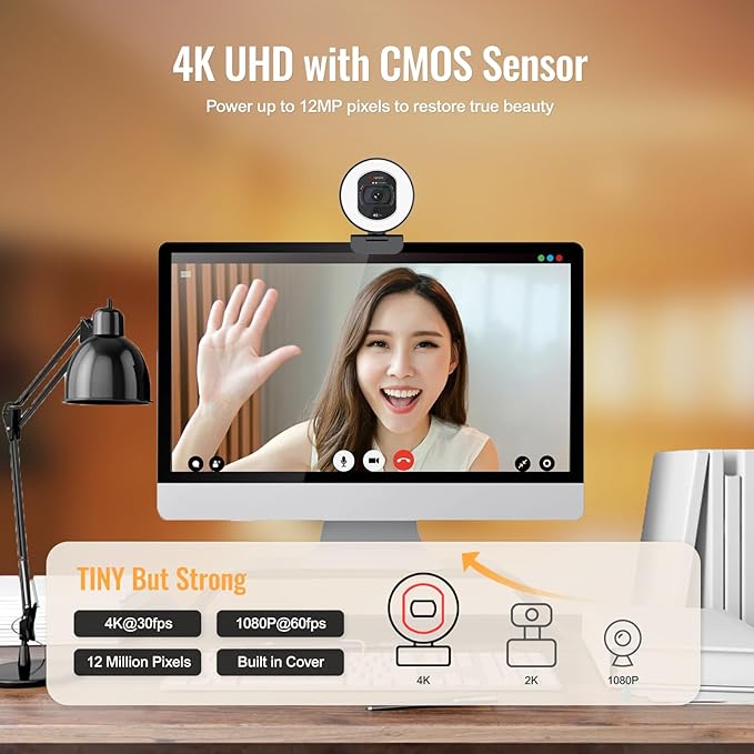 Angetube 4K Webcam with Light for PC: UHD 4K, TOF Auto Focus, Dual AI Noise-Cancelling Mics, 1080p@60FPS, USB Streaming Webcam w/Privacy Cover for Laptop/Mac/Desktop/PC Work w/Zoom/Teams/Google Meet