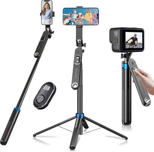 Selfie Stick Phone Tripod-71 Cell Phone Holder with Remote, 1/4" Screw Thread Adapter, Travel Tripod for Recording, Video and Picture, Compatible with iPhone, Android, Camera & Gopro
