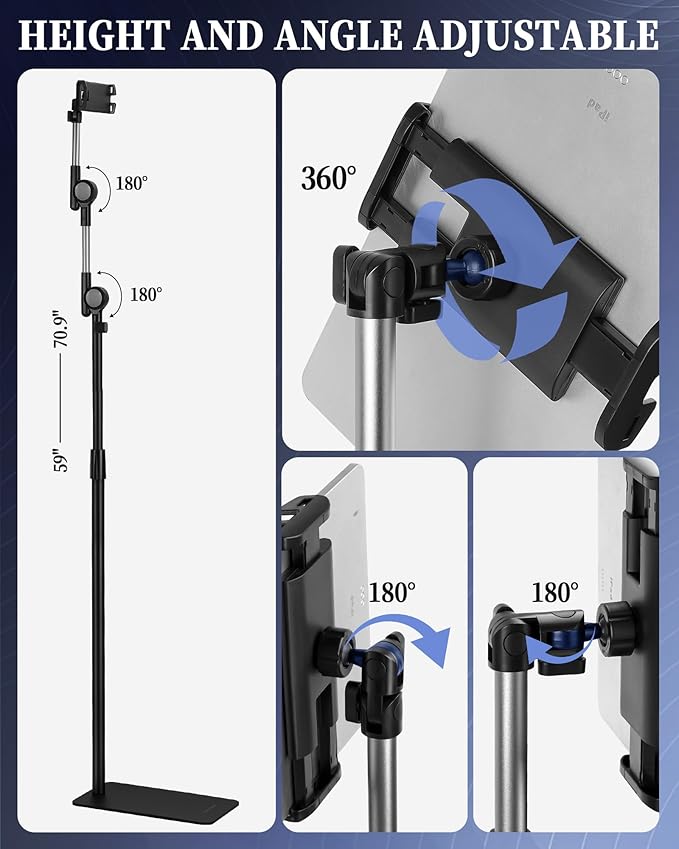 SHUWEI Tablet Floor Stand with Double Self-Locking Worm Gears, 70.9”Height Adjustable iPad Floor Stand with 7.5lb Stable Base, Compatible with 4-15.6'' iPad, Kindle, Phone, Portable Monitor, Whtie