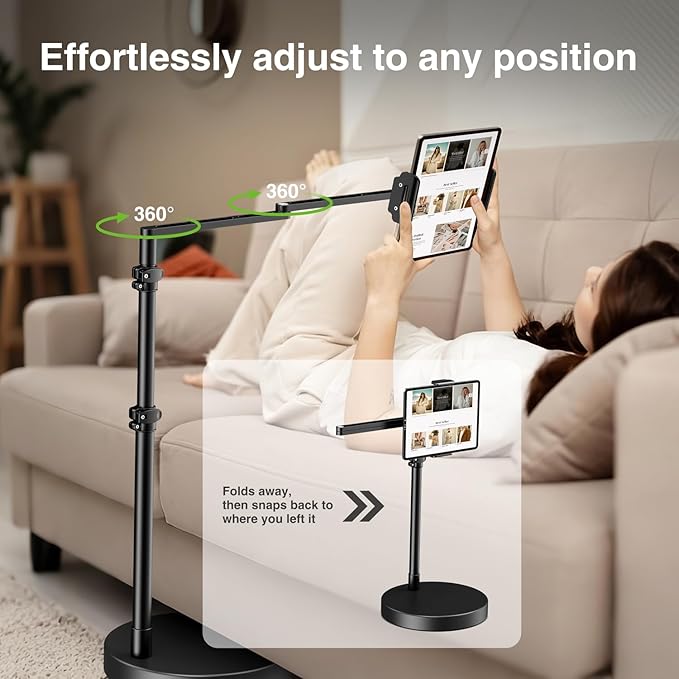 elitehood Adjustable Tablet Floor Stand with Heavy Duty Base, 24in Horizontal Long Arm iPad Floor Stand Holder for Bed Recliner Sofa, Compatible with iPad mini Air Pro 13/12.9 and 4.7-13in Devices