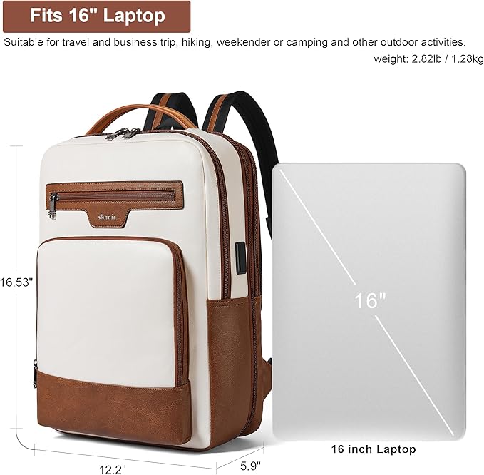 Shrrie Leather Laptop Backpack for Women and Men,28 L Travel Backpack Computer Bag Fits 16 inch Laptop,Expandable Casual Daypack with USB Port for Work Business Weekender College,Beige with Brown