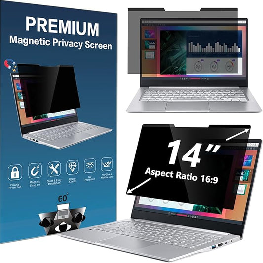 Magnetic Laptop Privacy Screen 14 inch for 16:9 Computer Monitor | Privacy Shield | Anti Glare & Blue Light Filter | UV & Eye Protection | Anti Spy | Anti-Scratch Protector Film
