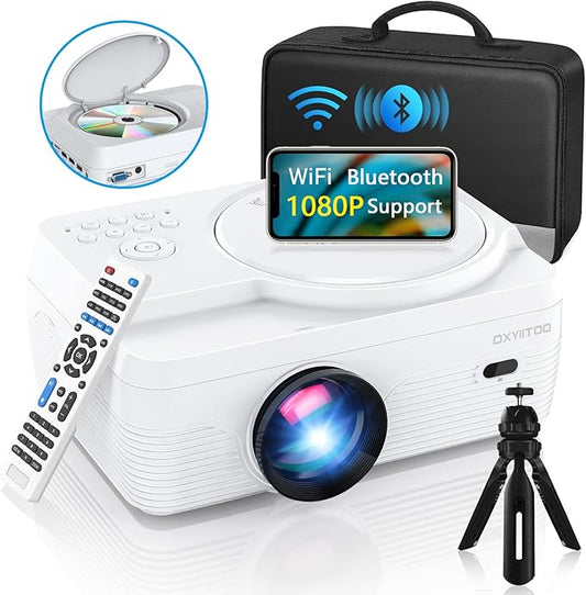 Full HD WiFi Bluetooth Projector Built in DVD Player, 12000LM 1080P Supported, Portable Mini DVD Projector for Outdoor Movies, 250" Home Theater, Compatible with iOS/Android/TV Stick/PS4/HDMI/USB/TF