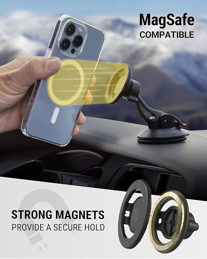 Scosche MagicMount™ SMSWD Magnetic Phone Holder for Car Dashboard/Windshield, MagSafe Stand, Suction Cup Phone Mount Compatible with iPhone 16 15 14 13 12 Series, Mag Safe Case & All Cell Phone
