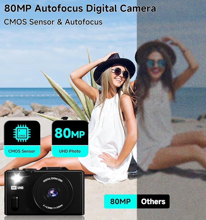 Digital Camera, 5K 80MP Travel Camera for Photography Compact Camera for YouTube with 3" 180° Flip Screen with 18X Zoom Autofocus Vlogging Camera with 64GB SD Card for Teens Beginner (Black)