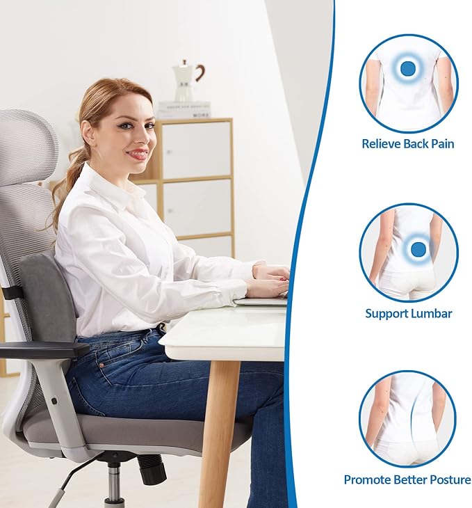 SAIREIDER Lumbar Pillow, Memory Foam Office Chair Back Support Pillows Back Pain Relief Improve Posture, Lumbar Support Pillow for Car、Gaming Chair、 Home Chair, Double Adjustable Straps(Grey)