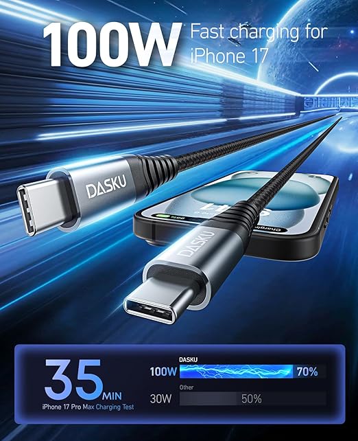 100W USB C to USB C Cable Long 2Pack 10 FT Type C Charger Cable 5A Fast Charging Cord Compatible with iPhone 16 Plus/16 Pro/15 Pro Max Samsung S24 S23 MacBook Air iPad Pro Carplay