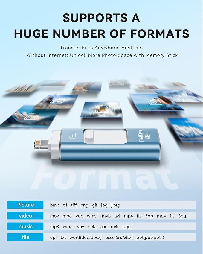 Apple MFi Certified 256GB Flash Drive for iPhone Thumb Drive Photo Stick, USB Memory Stick iPhone Flash Drive for Photos Videos, High Speed Jump Drive Compatible for iPhone/iPad/Android/PC (Blue)