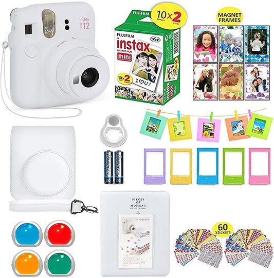 Fujifilm Instax Mini 12 Instant Camera Clay White + Shutter Compatible Carrying Case + Fuji Film Value Pack (20 Sheets) + Shutter Accessories Bundle, Color Filters, Photo Album, Assorted Frames