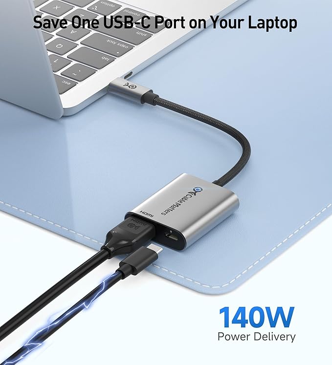 Cable Matters 48Gbps USB C to HDMI 2.1 Adapter with 140W Charging for MacOS, Windows, Supports [4K@240Hz /8K@60Hz HDR], Thunderbolt to HDMI Adapter, Compatible for MacBook, XPS, NO VRR Support