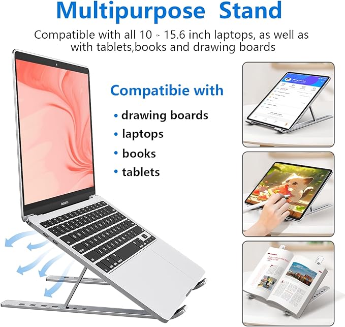 Laptop Stand for Desk, Aluminum Metal MacBook Stand，Computer Riser for Desk, Portable Foldable Adjustable Notebook Holder, Compatible with 10-15.6 Inch Laptops, iPad, Silver.