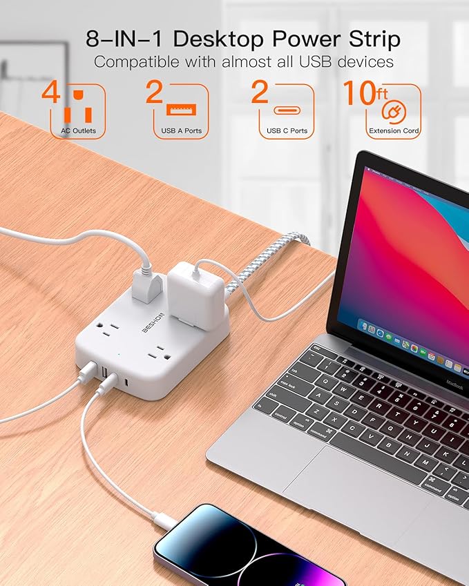 10FT Surge Protector Power Strip, Flat Extension Cord with 2 USB C, Flat Plug Power Strip, 4 Widely Outlets and 4 USB Charging Ports, Outlet Extender, 900 Joules, for Home Office Dorm Room Essentials
