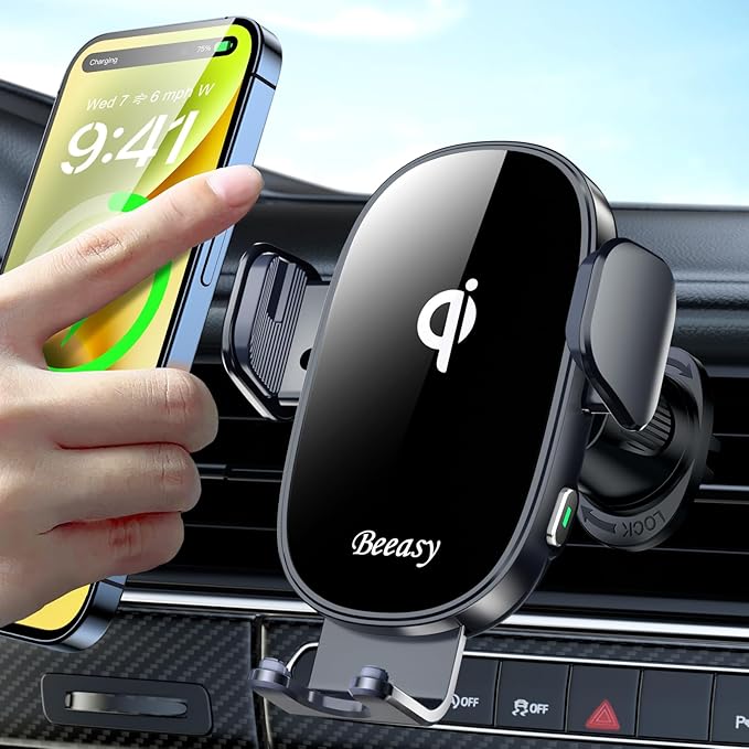Beeasy Wireless Car Charger, 15W Fast Charging Auto Clamping Car Charger Cell Phone Holder Mount Vent for iPhone 15 14 13 12 Pro Max 11 XR XS X, Samsung Galaxy S24 Ultra S23 S22 S21+ Note 20, etc