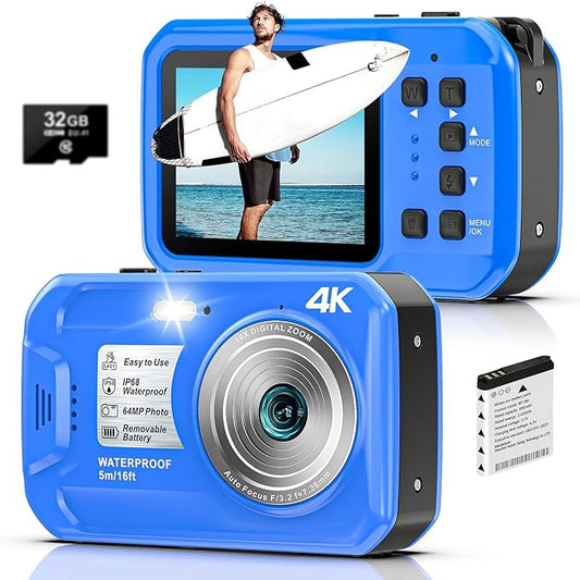 4K Underwater Camera, 64MP 16FT Waterproof Digital Camera with 32GB Card, Autofocus Floatable Waterproof Camera with IPS HD Screen, 16X Digital Zoom, Fill Light, for Snorkeling, Surfing, Swimming