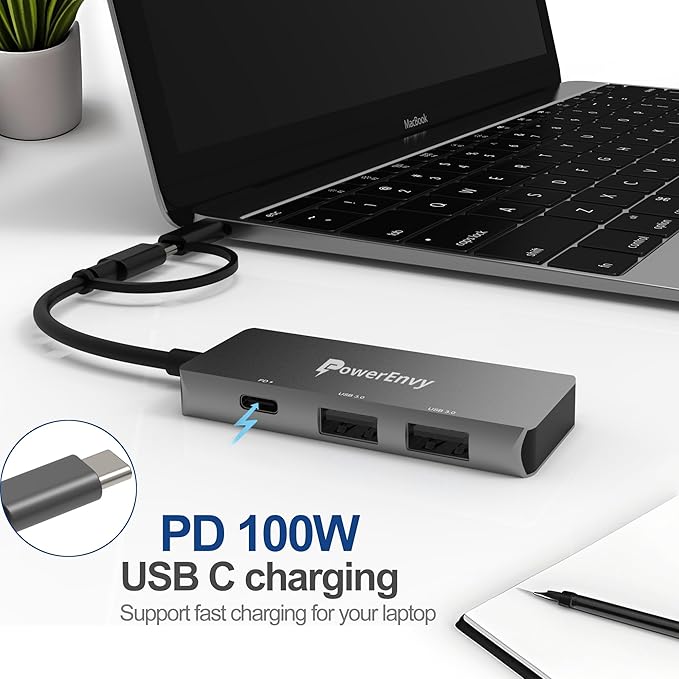 USB C Hub Multiport Adapter – USB C to 2 USB A & 100W Charging Port with Type C to Micro Plug – Compatible with MacBook, iPad Pro/Air, Dell XPS, MateBook & More