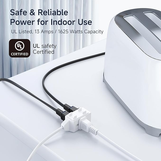 [UL Listed] Cable Matters 2-Pack 16 AWG 2 Prong Extension Cord 6 ft, 13A 3-Outlet Extension Cords with Tamper Guard, 13 Amp, 1625 Watts, White